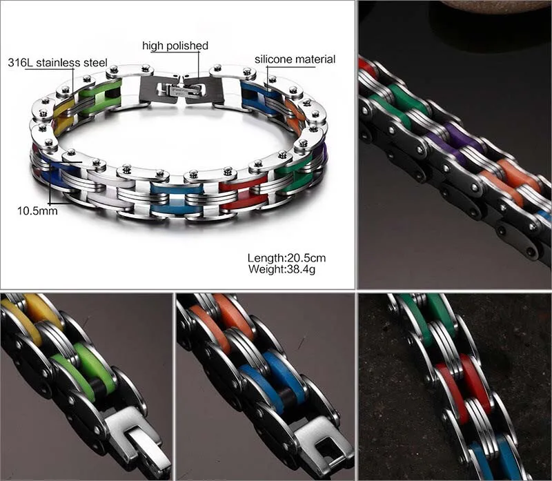 

2018 AFXSION popular New arrival mens bicycle silicone and stainless steel rainbow motorcycle bracelet, Picture