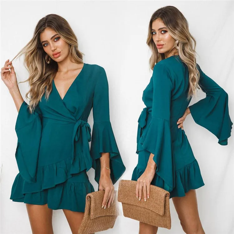 

Q2612 New Arrival Long Sleeve Strappy Casual Summer Ruffle Women Dress