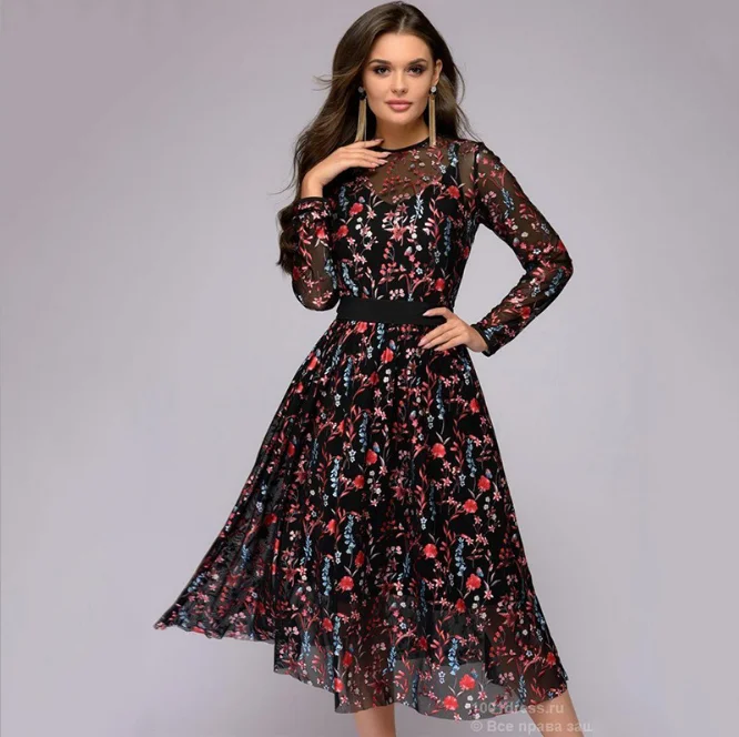 

Sexy Women Floral Embroidery knee-length Dress Sheer Mesh Boho A-line See-through Black Dress