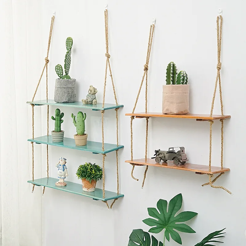 

Non-perforated hemp rope solid wood hanging living room wall shelving