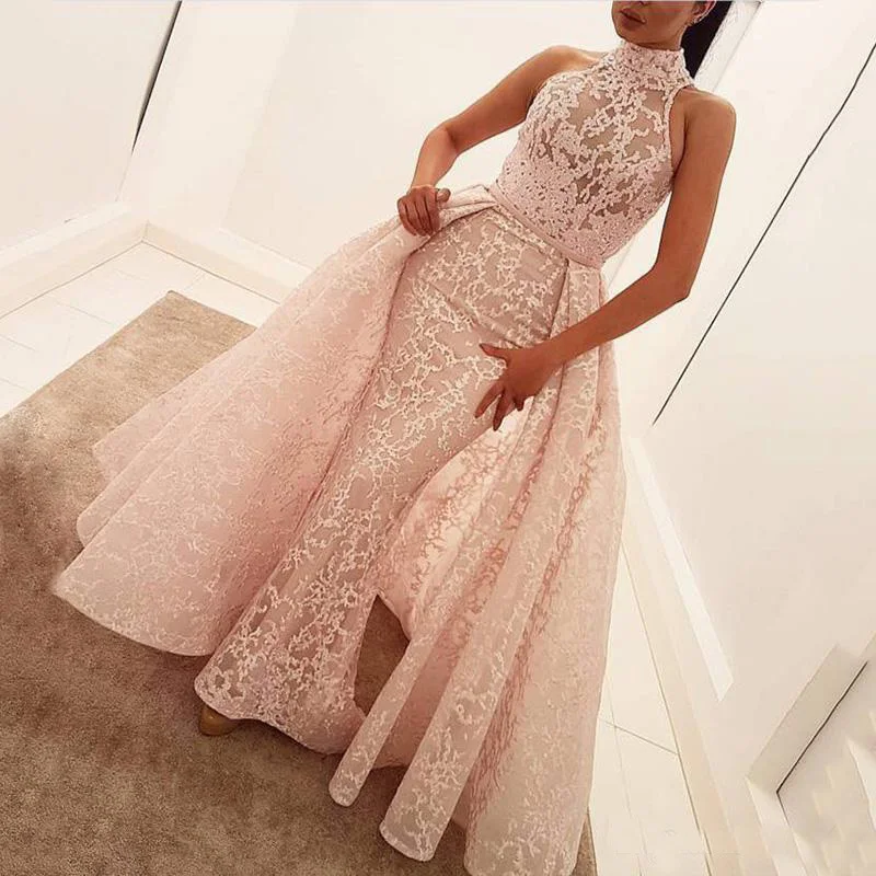 

Hottest Vintage 2018 Evening Dresses High Neck Lace Long Ladies Arabic Prom Dresses With Detachable Overskirt