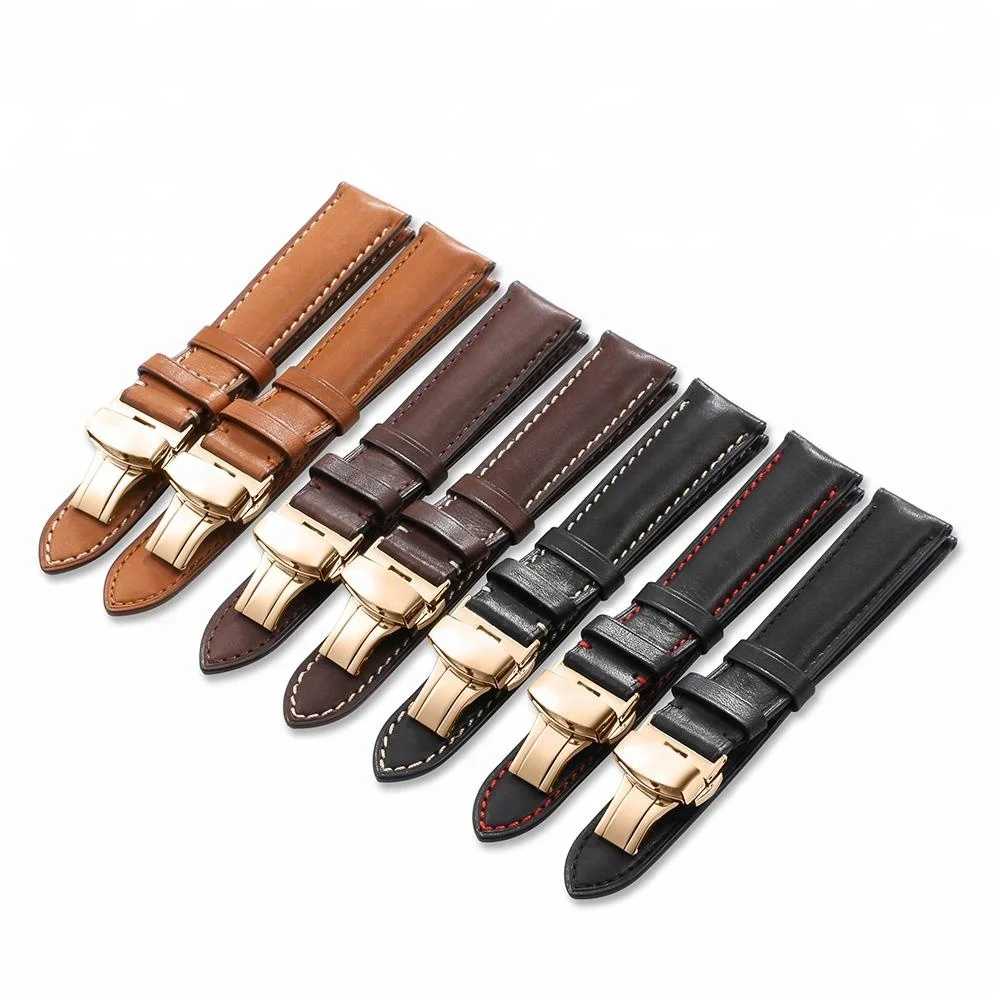 

Stainless Steel Ross Gold Deployment Clasp Leather Watch Band Strap, Black & brown & dark brown