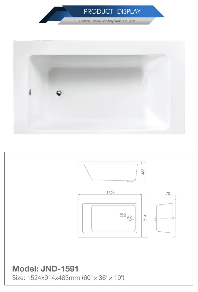 Normal Design Foshan Factory Price Customized Wholesale Hotel Project Acrylic Material Common Bathtub for Bathroom