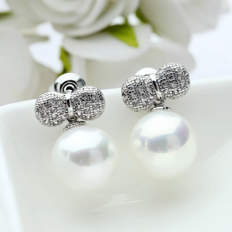 

LUOTEEMI Wholesale New Design Hot Sale Fashion Cubic Zircon Micro Paved Peanut White Round Pearl Bridal Wedding Earrings
