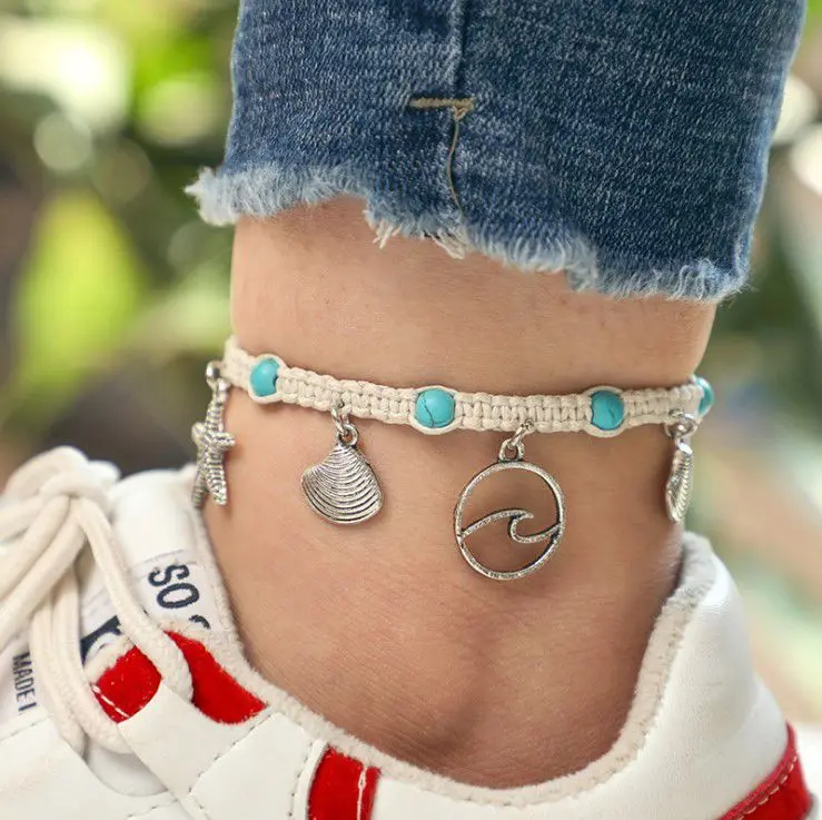 

2019 New Arrival Simple Beach Accessories Anklet Bracelet Sea Shell Starfish Wave Charm Braided Rope Anklet Bracelet, As picture shows