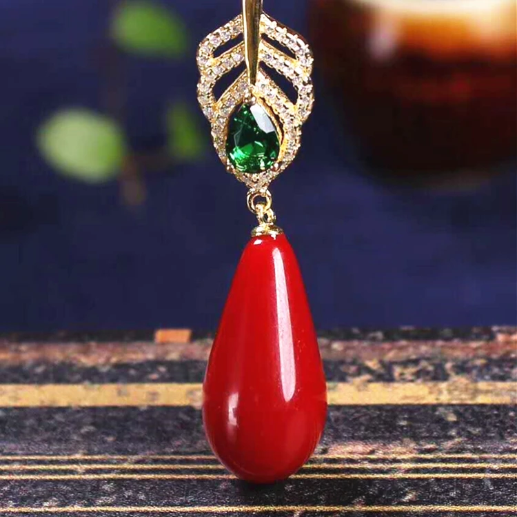 

silver jewelry pendant 925 sterling silver 18k gold plating natural coral pendant for women feather shape, Red