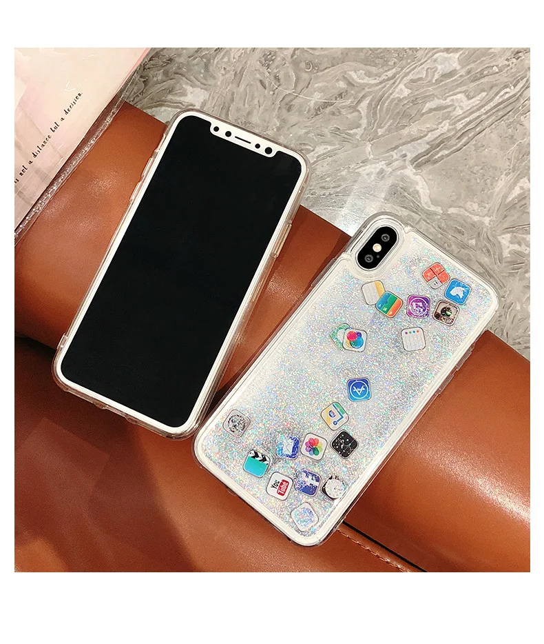 

Unique App Icon Liquid Quicksand Bling Phone Case For iphone X/XS XR XS MAX Back Cover, 2 colors
