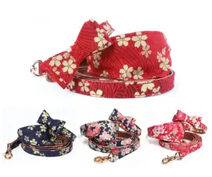 Image of Bronzing Fabric Pattern Printed Pretty Japanese Personalized Dog Bandana Collar With Bow Tie And Leash