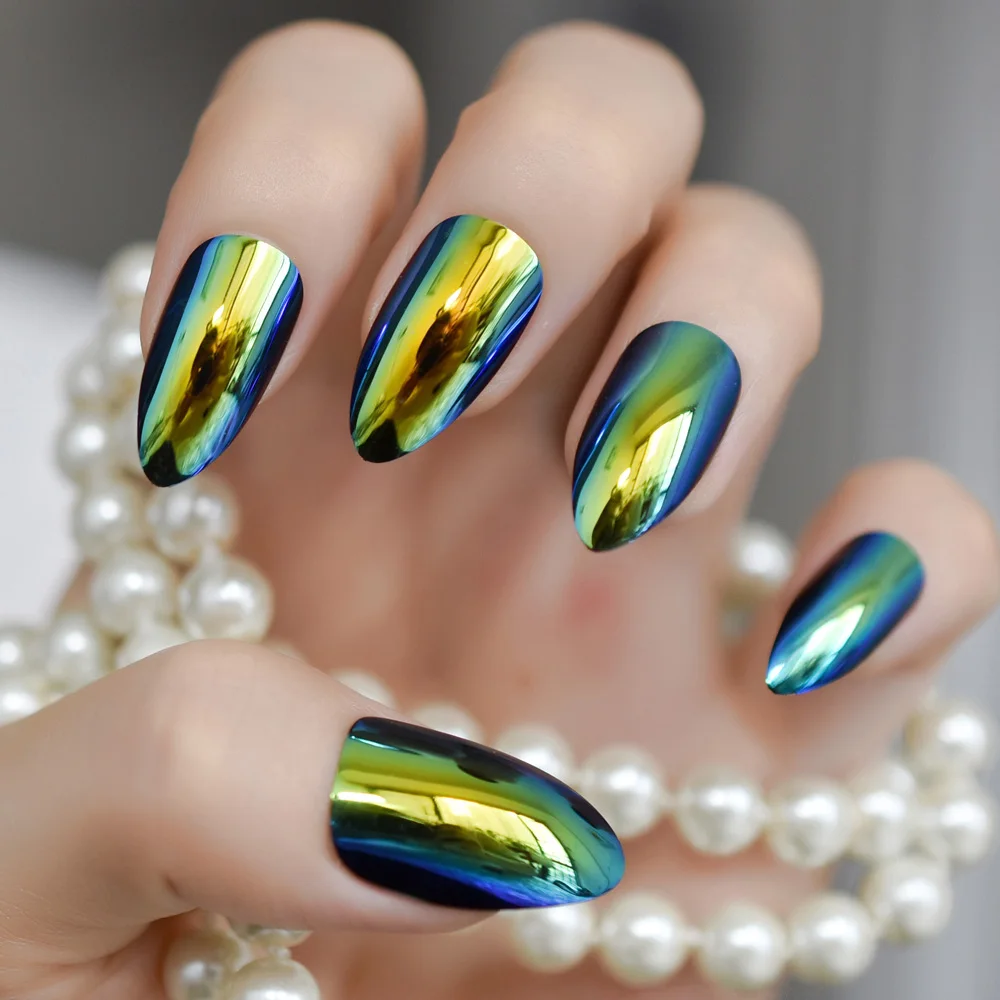 

Metallic Mirror Golden Almond False False Nail Metal Acrylic Artificial Stiletto Nail Art Tips Fashion Lady Nails, Light blue