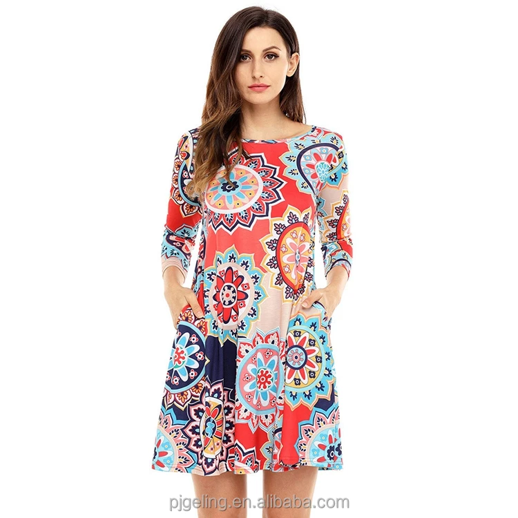 

Fashion Printing Pattern Poly Span Fabric Young Ladies Mini Dress With Pocket, The same as pic