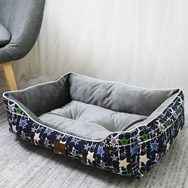 

Goodluckpet 100% Cotton Canvas Print Dog Bed With Short Plush Inner, Navy blue