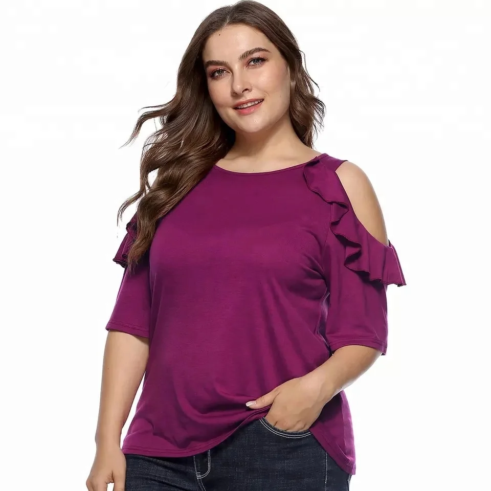 

C25 Big girls cold shoulder ruffle sleeve shirtsSummer tee shirt femme New 2018 Plus Size 4XL tshirt Women Short Sleeve Round Co, N/a
