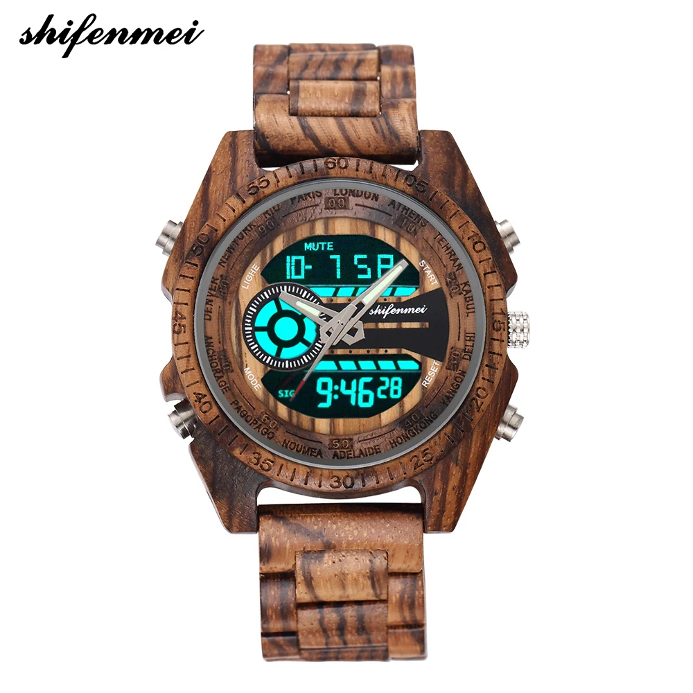 

Shifenmei 2139 Antique Mens Zebra and Ebony Wood Watches with Double Display Business Watch in Wooden digital quartz watch