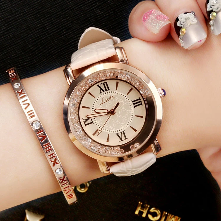 

Flowing Rhinestone Fashion Woman Quartz Watch Female PU Leather Elegant Ladies Watch, As the picture