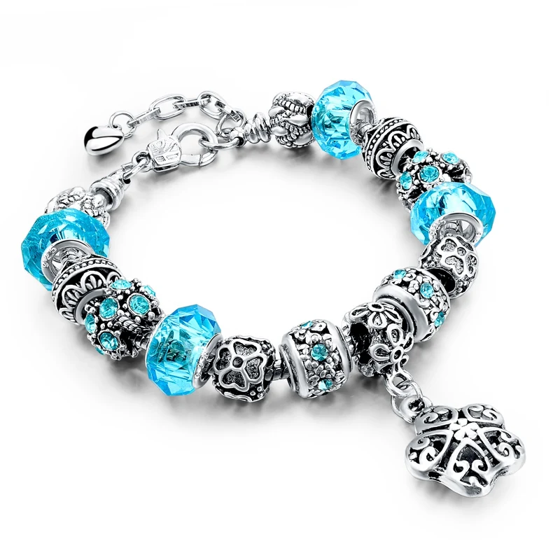 

European Charms Bracelet Brand Silver Plated With Charms, Multicolor