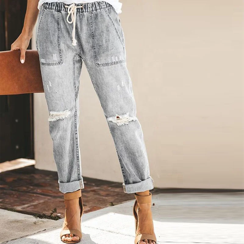 

Wholesale 3 colors elastic waist straight washed denim ripped jeans newest fashion women slim fit jeans, Picture colors;or custom color