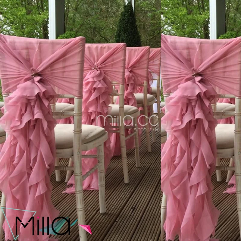 
Hot sale wholesale blush chiffon ruffled wedding chair cover sash hood 
