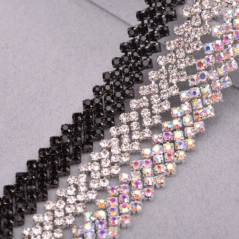 

SS16 Clear AB Glass Rhinestone Chain Tape Sewing Metal Trimming Crystal Ribbon Applique Strass Banding for Clothes Dress Crafts
