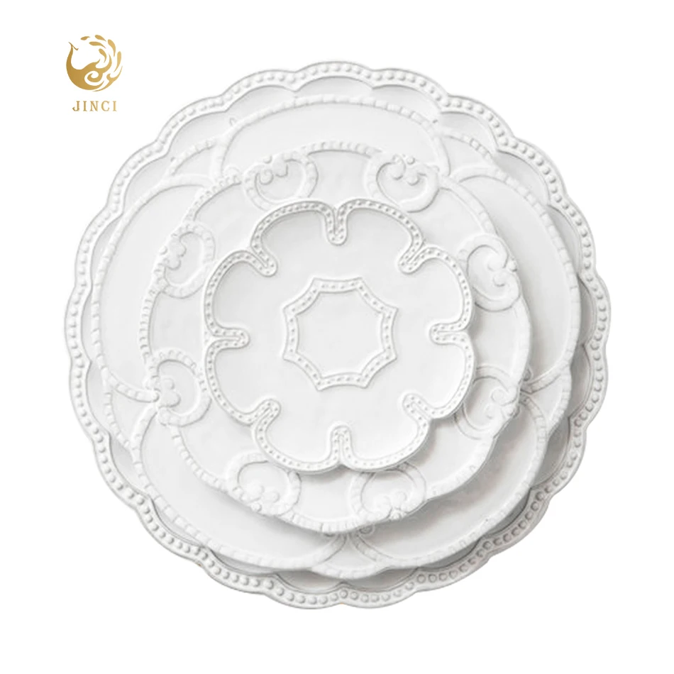 

Embossed White Porcelain Ceramic Vintage Elegant Dinnerware Plate Sets