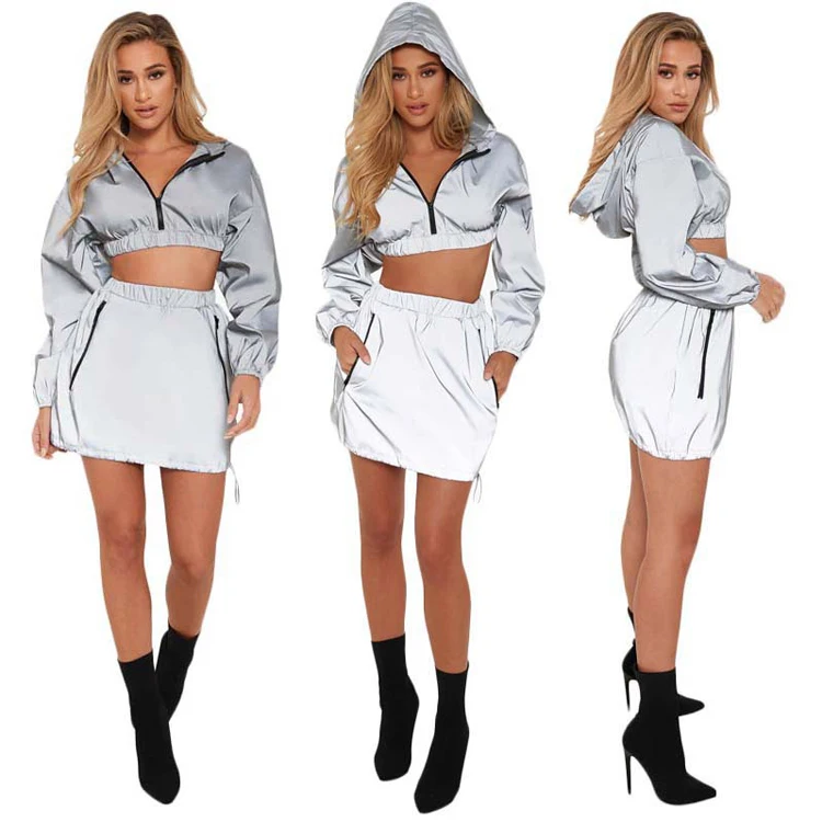 

Hot Sale Reflective 2 Piece Crop Top Skirts Set For Women, Gray