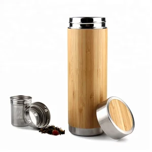 Image of Leak-proof Wide Mouth Double Wall Bamboo Stainless Steel Thermos Bottle Tea Cup Mug To Go For Loose Leaf Tea Coffee