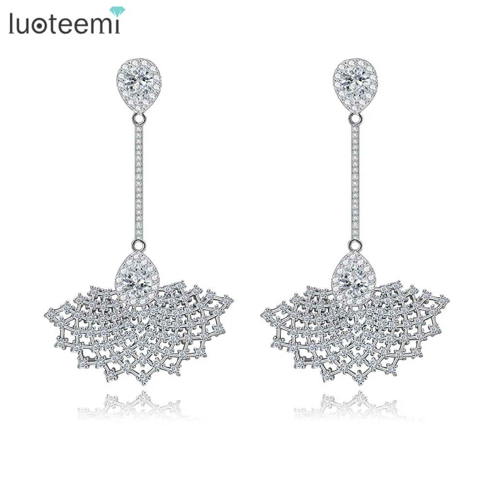 

LUOTEEMI Wholesale Platinum Plated Brass Fashion Fan Pendant Drop Long Earrings for Women Cubic Zirconia Wedding Jewelry