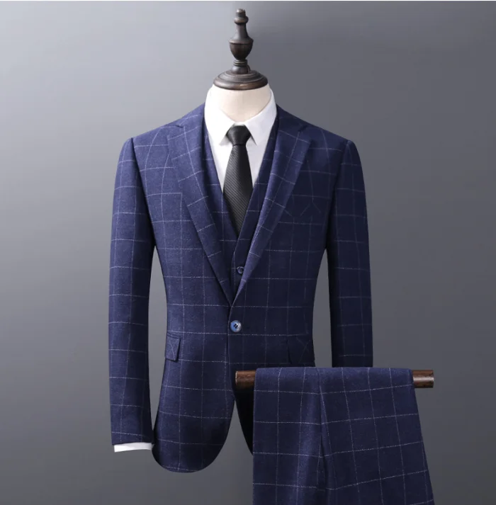 

Classic England style one button formal men slim fit blazer 3 piece suit, Blue;grey
