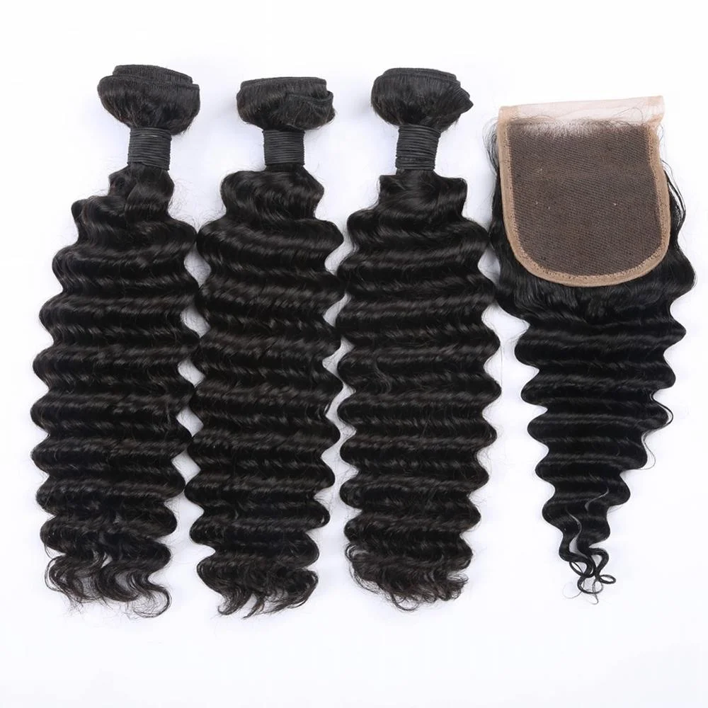 

Factory wholesale Brazilian hair deep wave 3 bundles with 4x4 lace closure