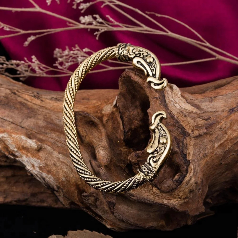 

Alloy Antique Silver and Gold Animal Fish Head Twisted Viking Bracelet Cuff Bangle Jewelry For Men, Antique gold