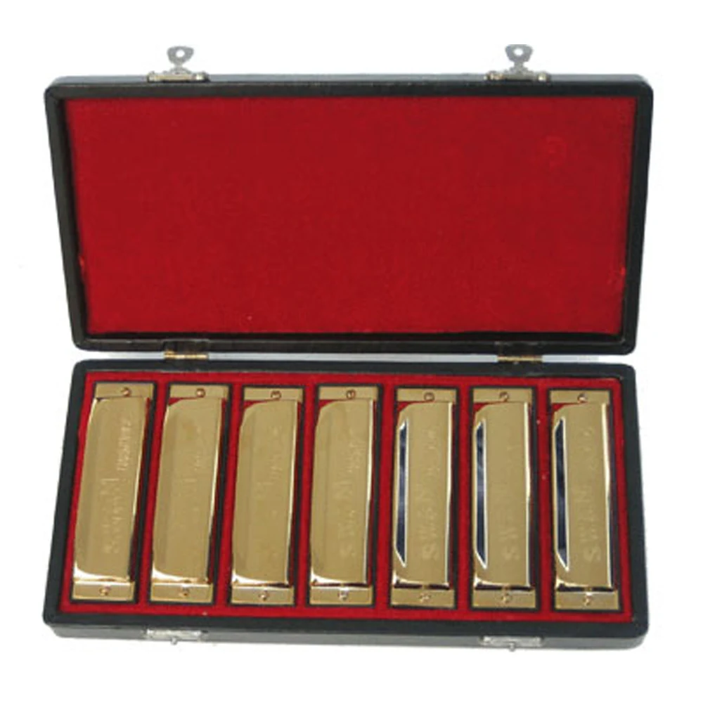 

Professional 10 hole 20 tone gold color harmonica 7 tune set packing