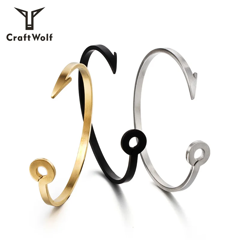 

Craft Wolf Minimalist jewelry Cuff Men Women 18K gold Stainless Steel Fish Hook Anchor bangle bracelet, Gold, black, steel