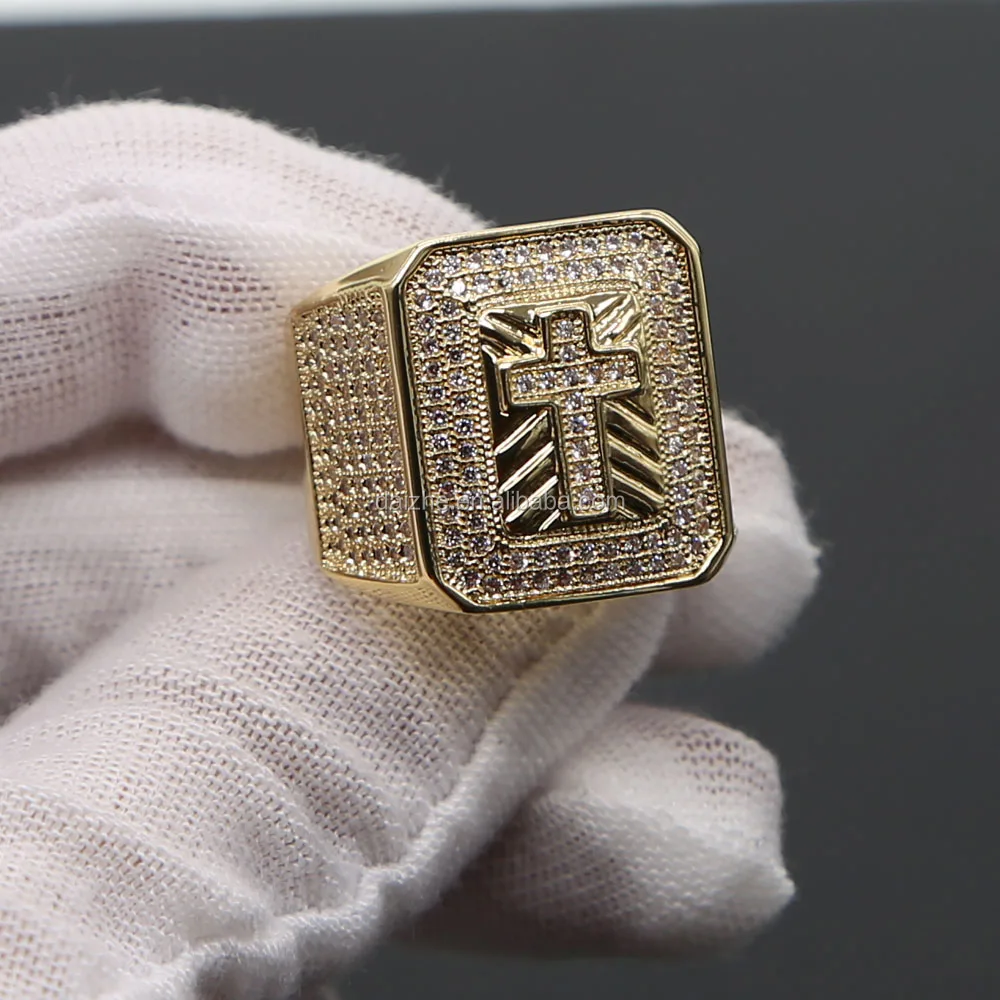 

2021 fashion gold filled big mens ring with cz paved wide band rings cross mark rings for men