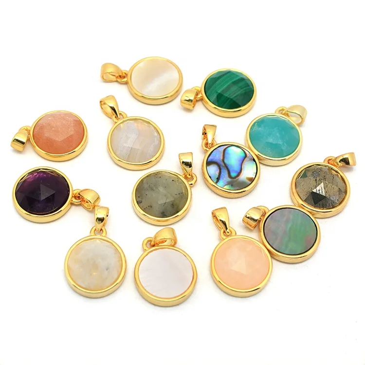 

JF7284 New Dainty Faceted Natural Semiprecious Stone Round Pendants,Gold Bezel Faceted Gem Coin Pendant, Green,pink,white,pyrite,peach