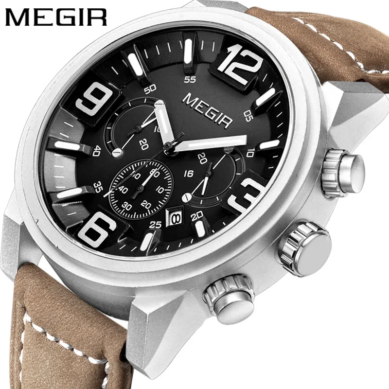 

MEGIR 3010 Men Sport Watch Genuine Leather Calendar Casual Men's Quartz Military Luminous Watches Business Wristwatch Relogio, Any color available