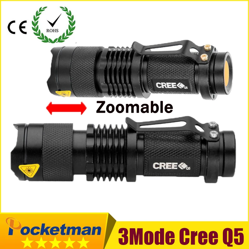 high quality Mini Black CREE 2000LM Waterproof LED Flashlight 3 Modes Zoomable LED Torch penlight free