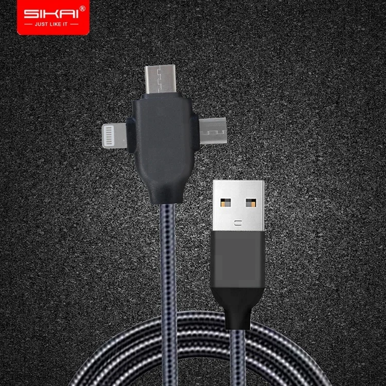 

SIKAI 5V 2A cable micro usb charging data cable 3 in 1 for iphone type c android, Black