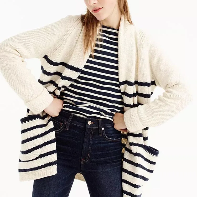 

Loose Fit Open Front Stripe Cardigan Wool Sweater Women