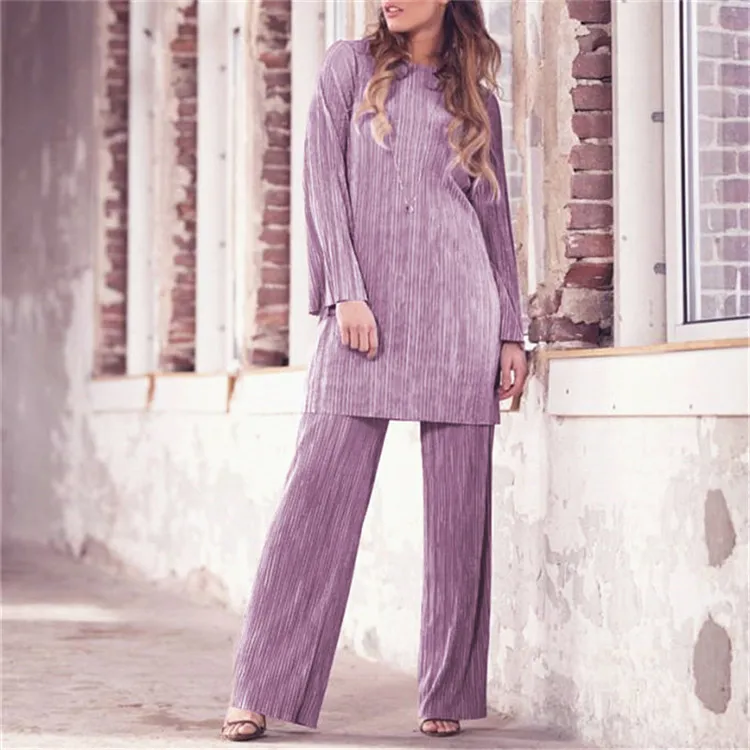 

Women Modest Islamic Clothing Pleats Candy Color Palazzo Style Wide Leg Pants Two Piece Suit, Black;gray;purple;beige;green