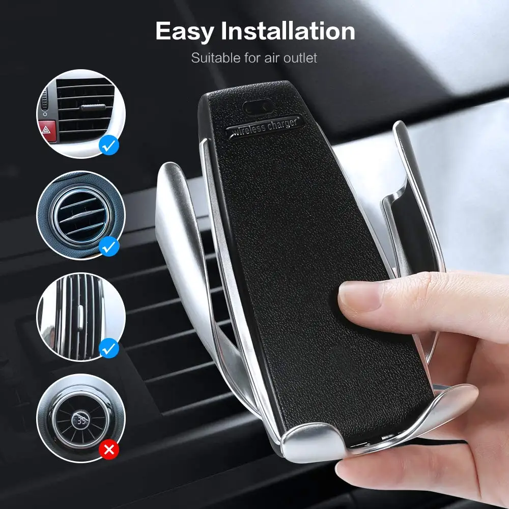 

10w Qi Fast Wireless Car Charger Mount for Samsung S10 S9 Plus Smart Sensor Automatic Clamping Wireless Charging for Iphone xs, Black