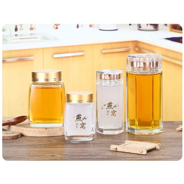 

280ml mini wedding hexagonal jars honey with bird's nest glass bottle, Transparent color/ clear color or customized