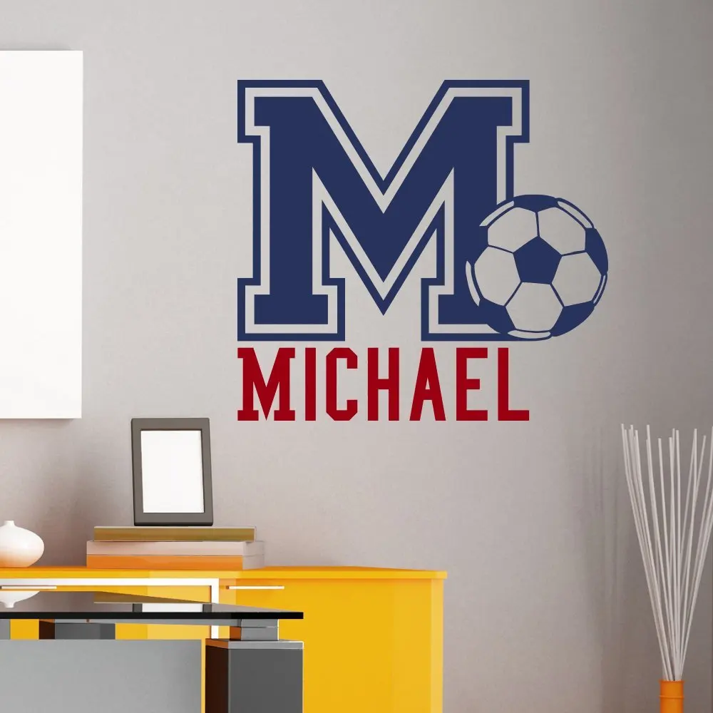 Initial Name Wall Decal Football Soccer Wall Decals Personalized Initial Name Monogram Nursery Kids Boys Room Playroom Bedroom Decor M034