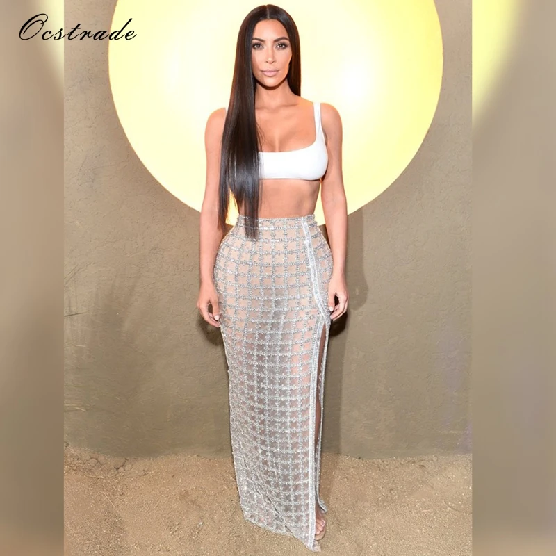 

Free shipping Ocstrade Celebrity Kim Kardashian Sexy Womens 2 Piece Sets 2017 Winter White Crop Top and Sliver High Split Skirt, As picture or customized