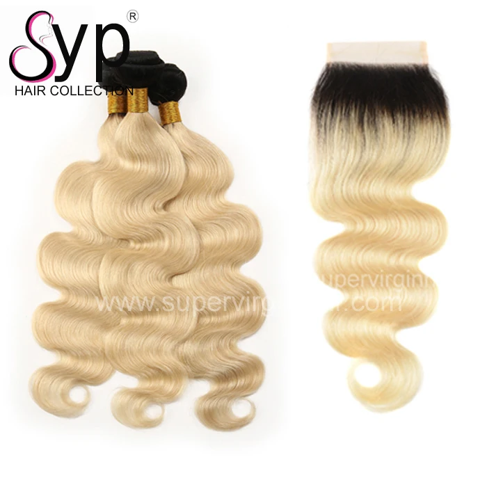 

1B 613 Ombre Hair Bundle with Swiss Lace Closure, Natural Black Dark Root to Blonde Hair 3 Bundles with 1 Piece 4X4" Closure