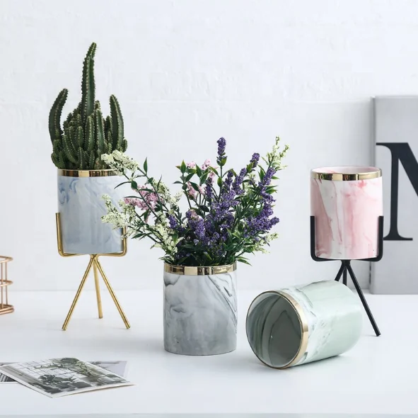 Ins nordic style marble surface ceramic flower pot succulent pot with iron stand