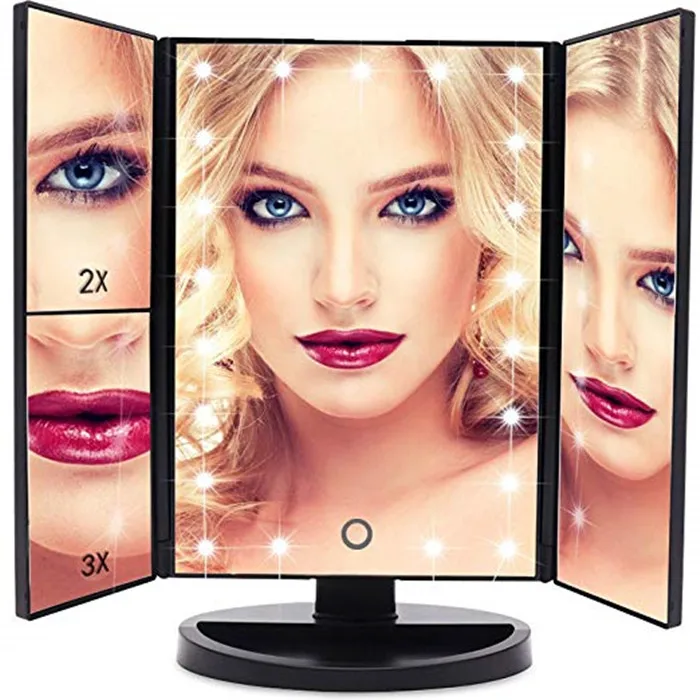 Portable Travel Cosmetic Mirror Trifold Lighted Vanity Mirror Battery