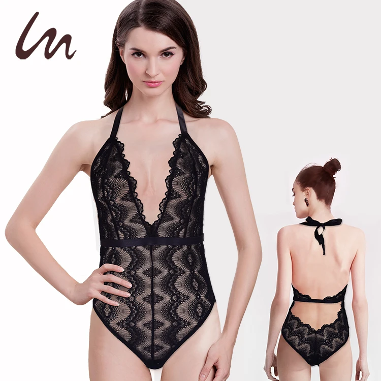 

Private Label Wholesale One Piece Lace Sexy Transparent Lingeries, Black or customized