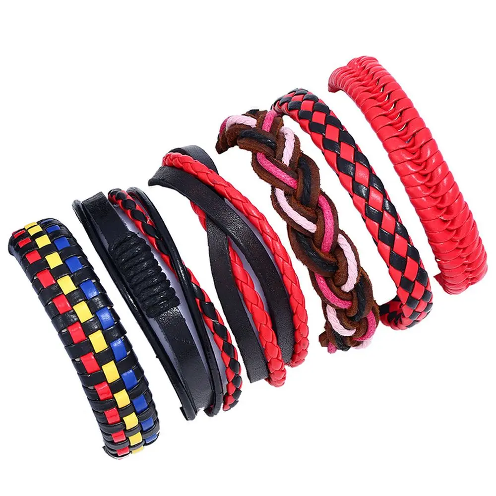 

Fashion New Arrival High Quality 6pcs/set Handmade Fashion Trendy Vintage Female Male Punk Style Plain Leather Bracelet Sets, Red brown