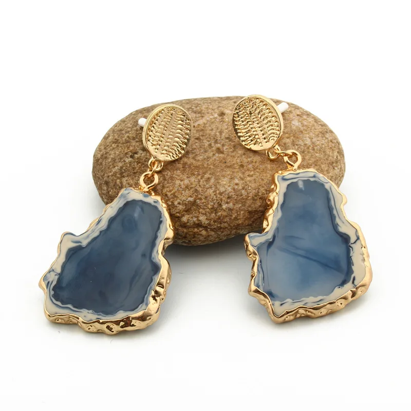 

Personality Exaggerated Gold Plated Women Big Earrings With Ink Blue Druzy Agate Stone, As picture shows