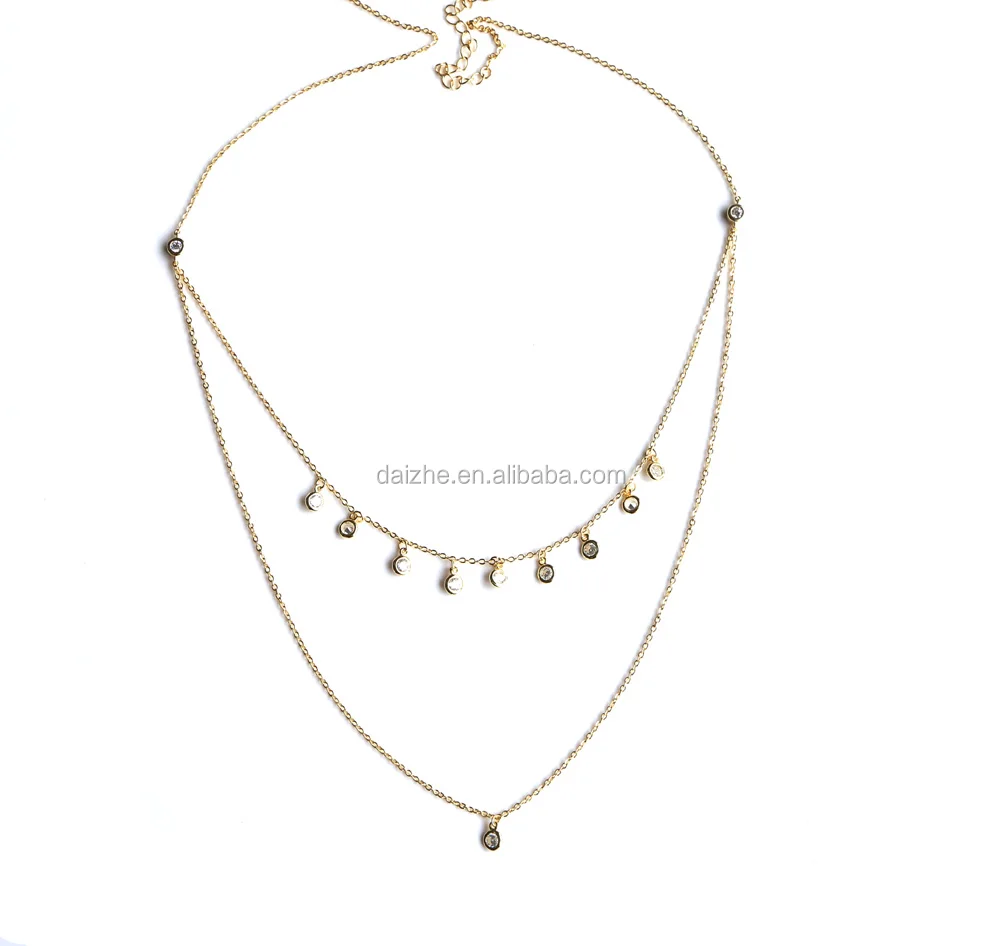 

high quality 925 sterling silver 18k gold rose gold bezel tiny cz drop charm double layer choker necklace