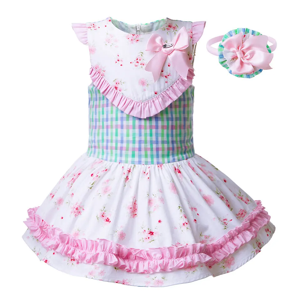 

2022 OEM Pettigirl Girl Party Dresses Floral Grid Girl Dress With Headwear Girls Clothes Wholesale